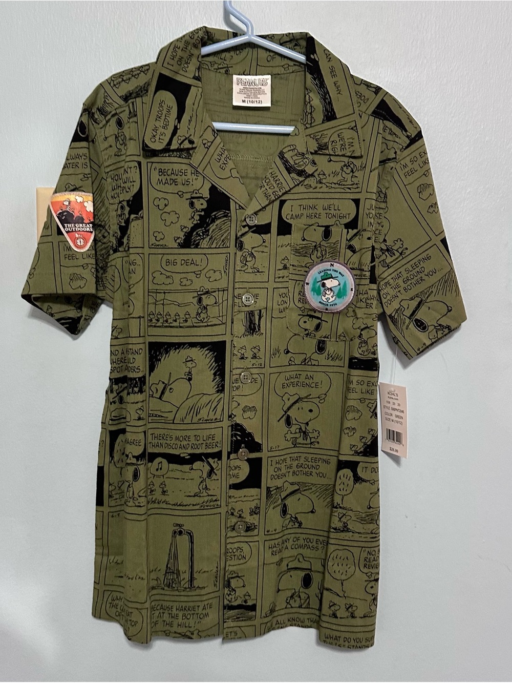 Peanuts Olive Green Comic-Strip Button Front Camp Shirt